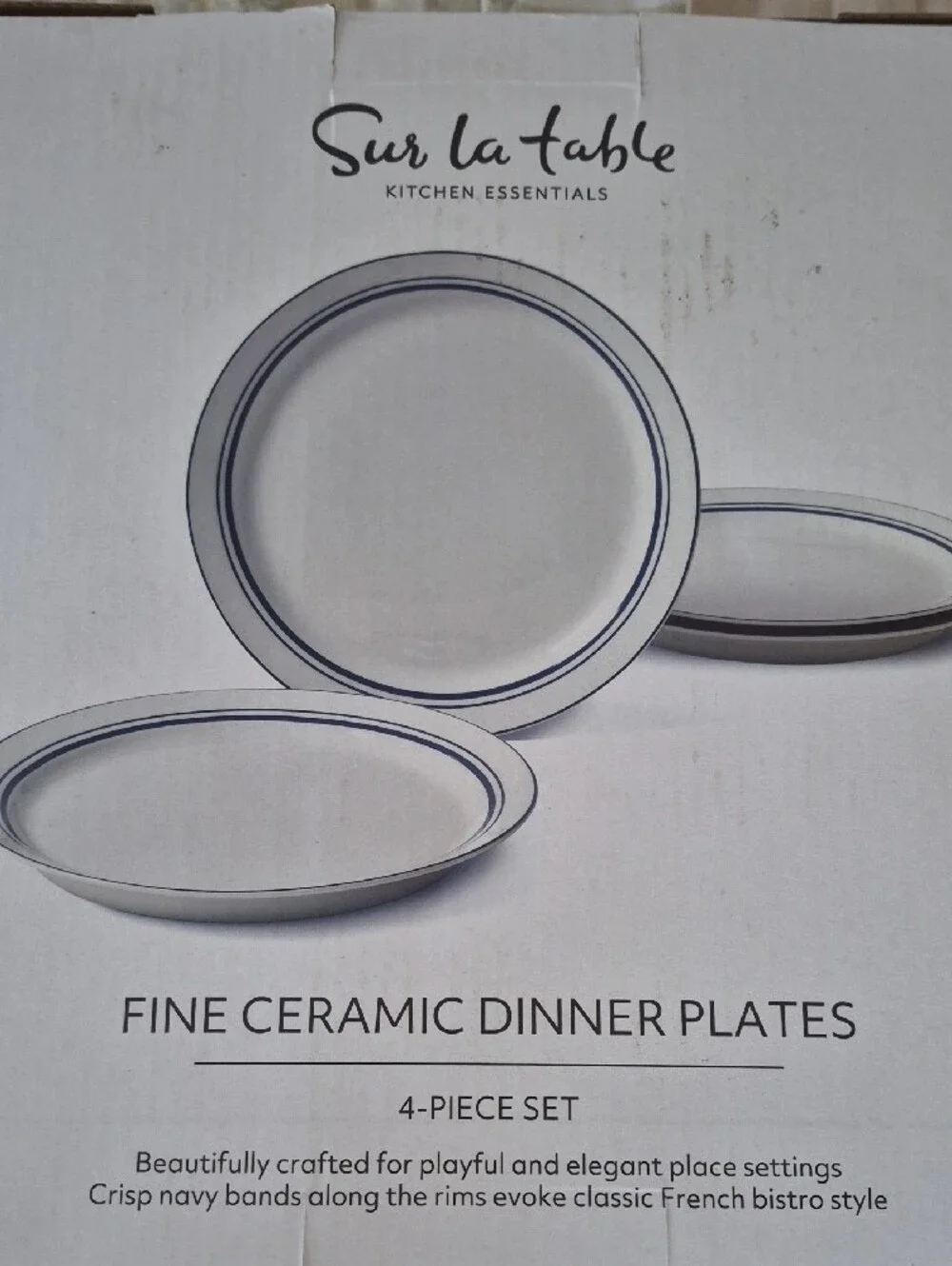 Sur La Table White Ceramic Dinner Plate with Navy Stripes - 4-Piece Set